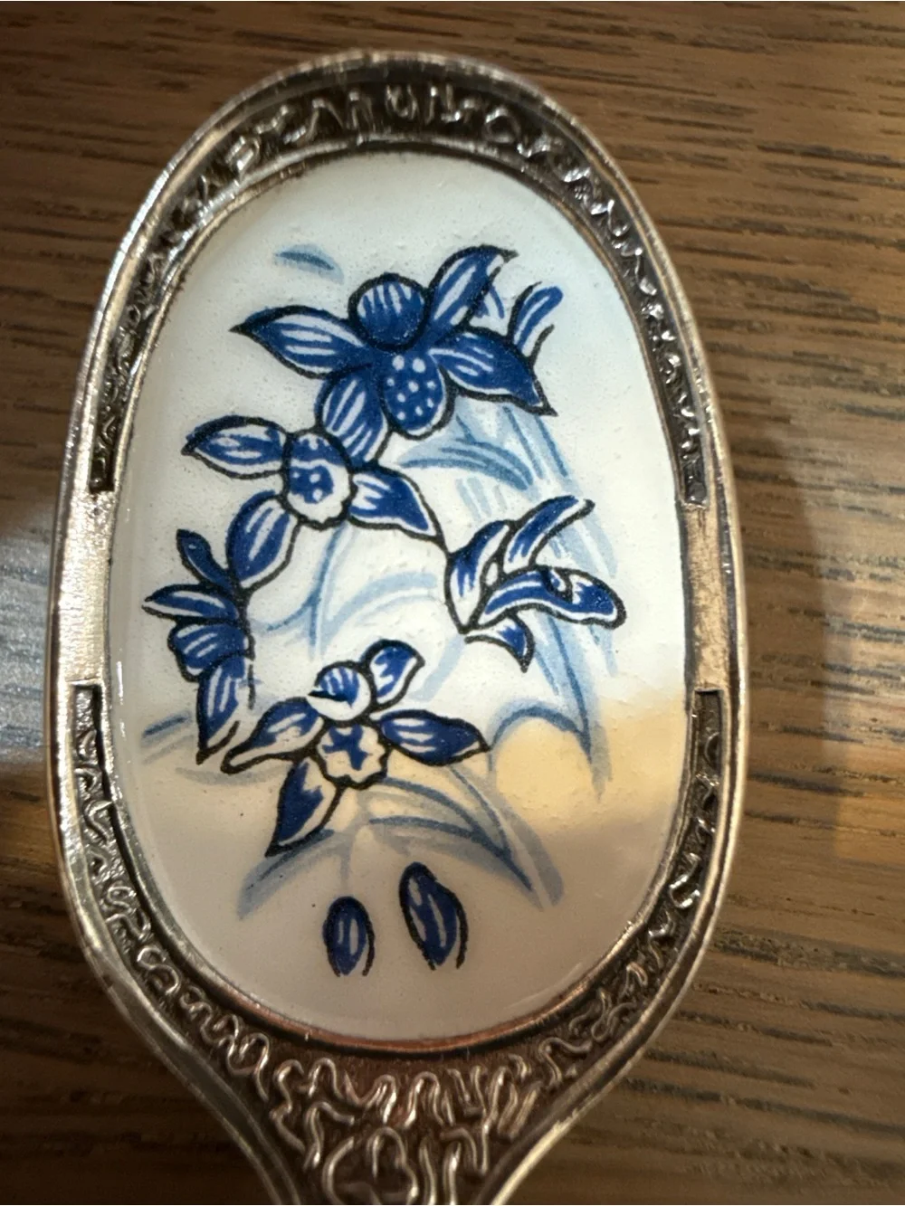 Vintage VV Brite Silver Plate Souvenir Spoon Blue White Ceramic Floral Inlay